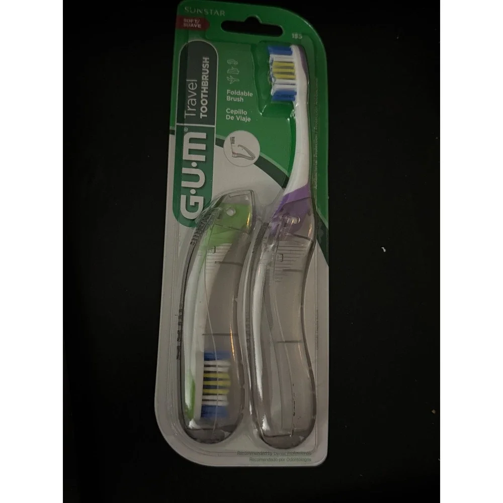 GUM Folding Travel Toothbrush‎ Soft Bristles Compact Head Tongue Cleaner 2 Pack